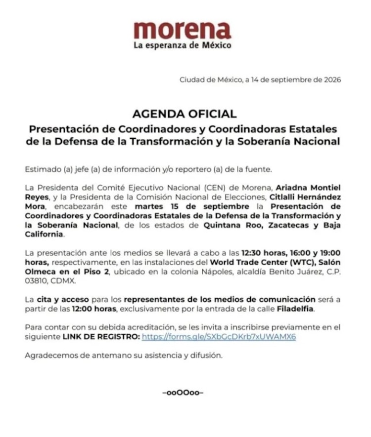 Invitación de Morena al evento donde se designará a los coordinadores de la Defensa en tres estados.
