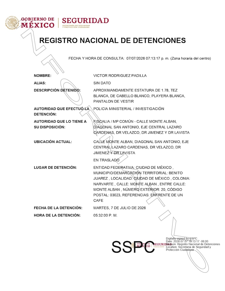 El exdirector de Petróleos Mexicanos (Pemex), Víctor Rodríguez Padilla, fue detenido el 7 de julio de 2026 en la Ciudad de México.