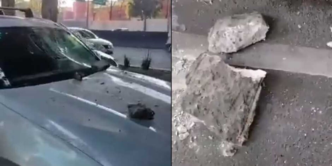 Un pedazo de concreto se desprendió del segundo piso del Periférico Sur y dañó la parte frontal de una camioneta
