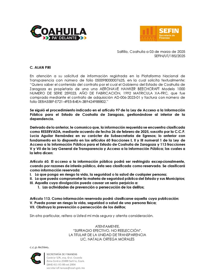 El Gobierno de Coahuila emitió el acuerdo administrativo para reservar la información dos días después de que se dio a conocer en este medio el remate del avión.