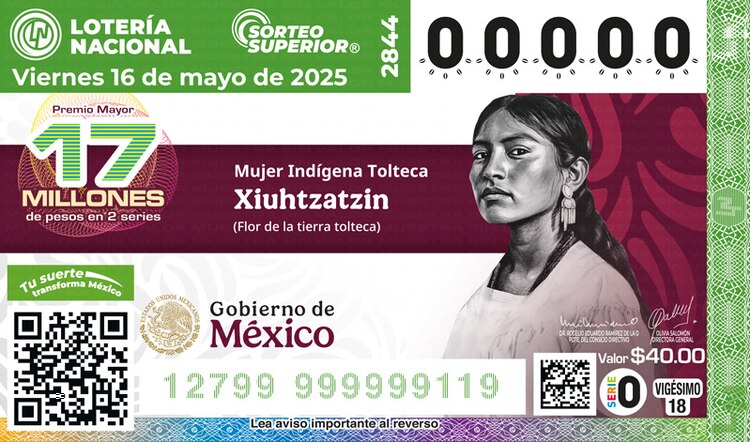 El billete del Sorteo Superior 2844 está dedicado está dedicado a la Mujer Indígena Tolteca.