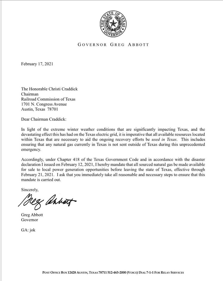 Orden que prohíbe a productores de gas natural abastecer de hidrocarburo a entidades fuera de Texas.