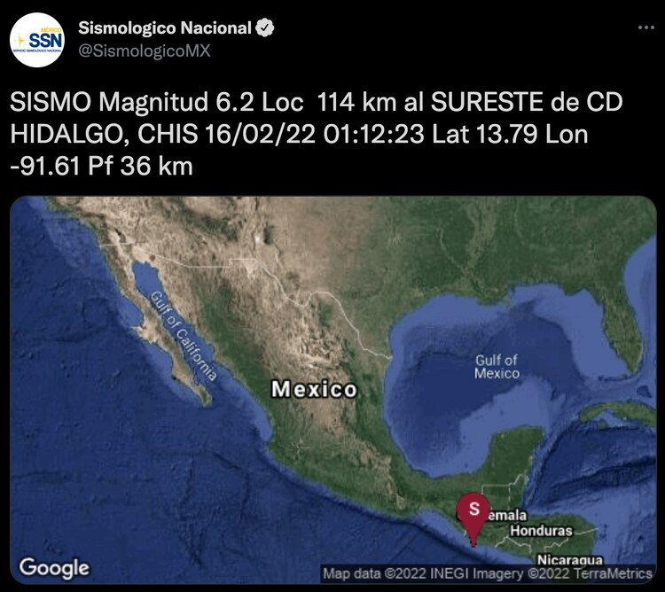 Mensaje publicado en a cuenta de Twitter del Servicio Sismológico Nacional.
