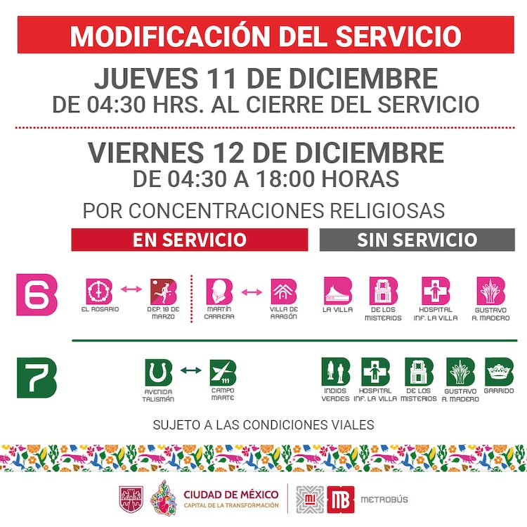 Estaciones del Metrobús cerradas el 12 de diciembre