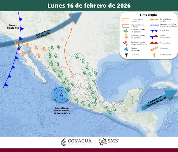 Áreas en vigilancia por desarrollo de tormentas significativas para el lunes 16 de febrero