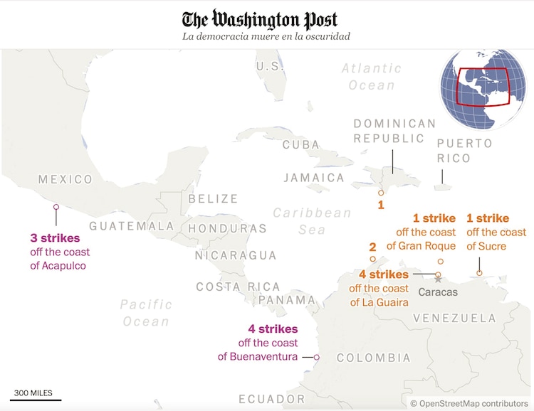 Ataques estadounidenses a embarcaciones que presuntamente transportaban droga, publicado por TWP, ayer.