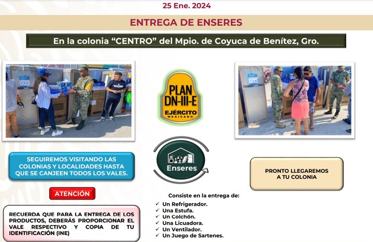 Entrega de enseres en Coyuca de Benítez.