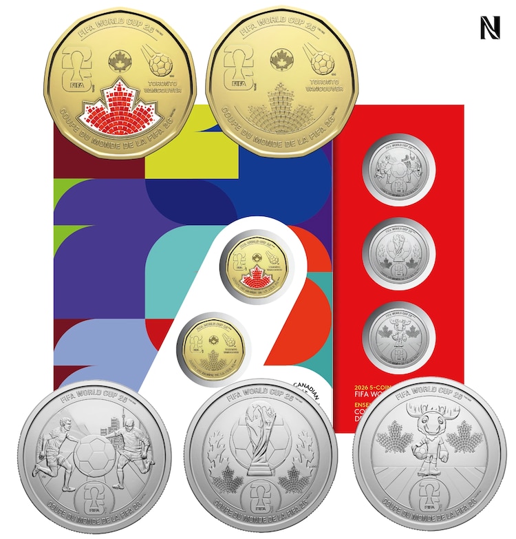 Así luce el paquete completo de monedas conmemorativas de Canadá por el Mundial 2026.