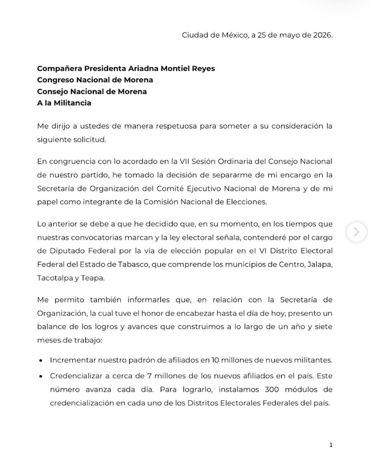 Carta de Andrés Manuel López Beltrán donde anuncia su renuncia al cargo de Secretario de Organización de Morena.