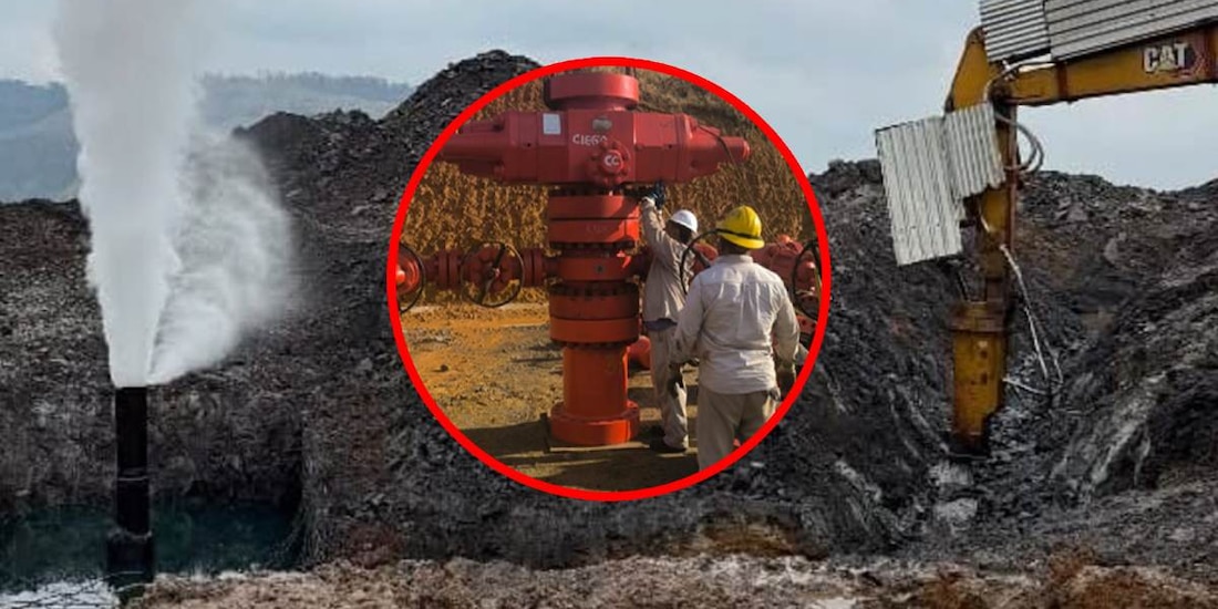 Personal de ingeniería de Petróleos Mexicanos agiliza las maniobras de acoplamiento de las líneas de alta presión en el área rural.