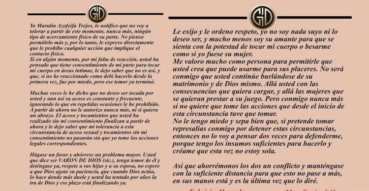 Carta de Marolin Azofeifa dirigida a Fabricio Alvarado