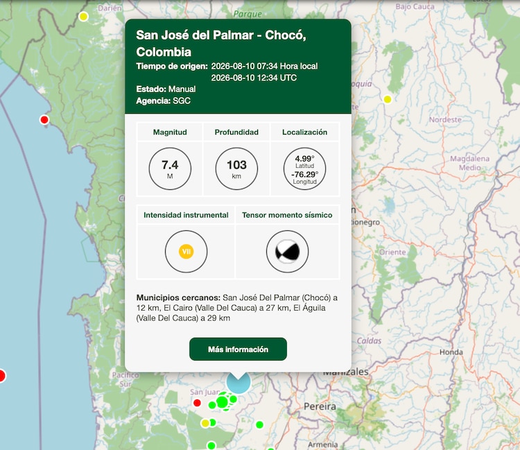 Epicentro del sismo en Colombia