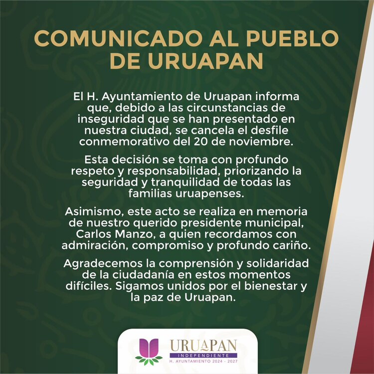 Uruapan cancela el desfile conmemorativo del 20 de noviembre.
