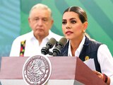 Evelyn Salgado en conferencia matutina del Presidente López Obrador, ayer, en Acapulco.
