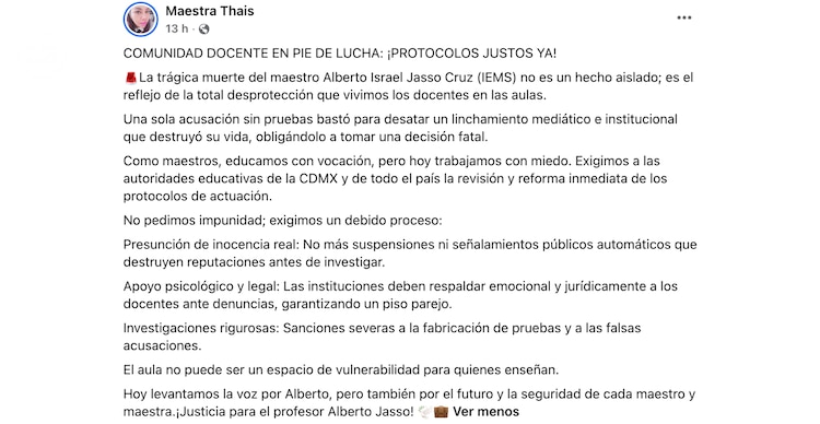 Publicación sobre la muerte del profesor Alberto Israel Jasso Cruz