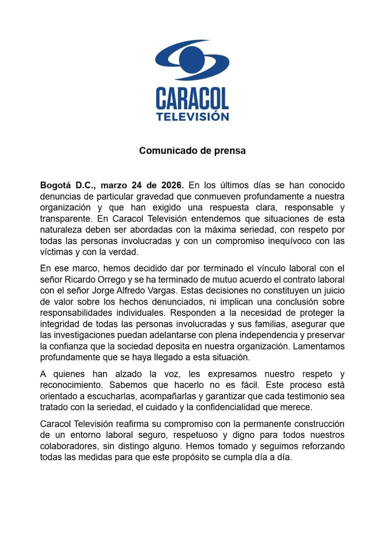 Comunicado de Caracol Televisión sobre el despido de Ricardo Orrego y Jorge Alfredo Vargas