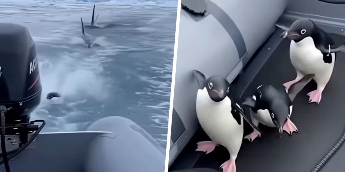 Pingüinos logran subir a bote y escapar de orcas que los iban a devorar, según un video en redes.