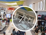Sujeto conduce camioneta al interior de plaza Sendero La Fe en Apodaca, Nuevo León.