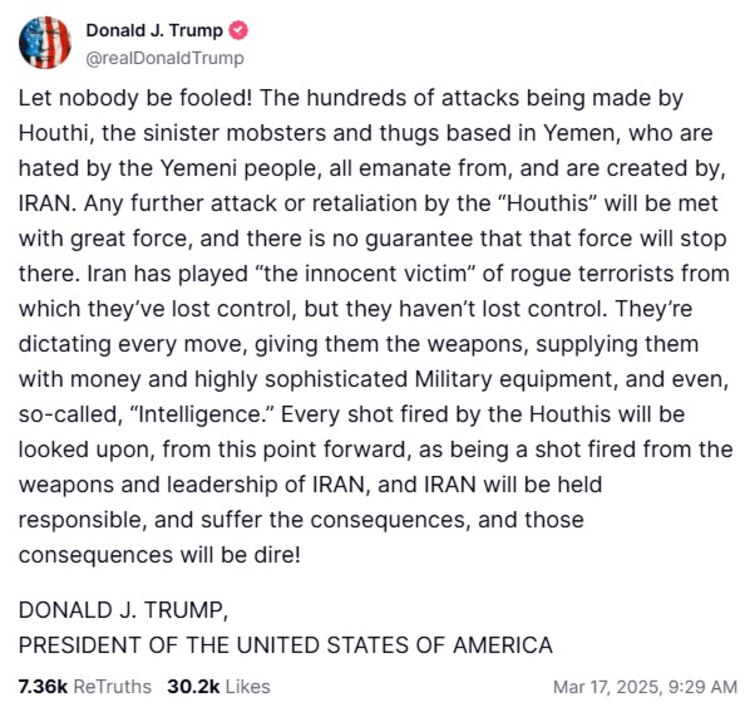 Mensaje de Donald Trump en la red social Truth.