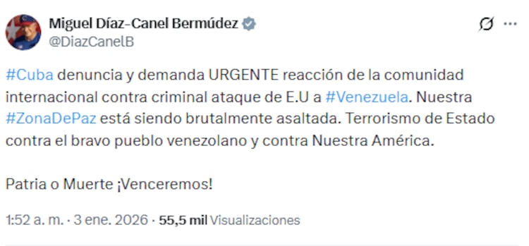 Mensaje de Miguel Díaz-Canel en redes sociales tras ataque en Caracas