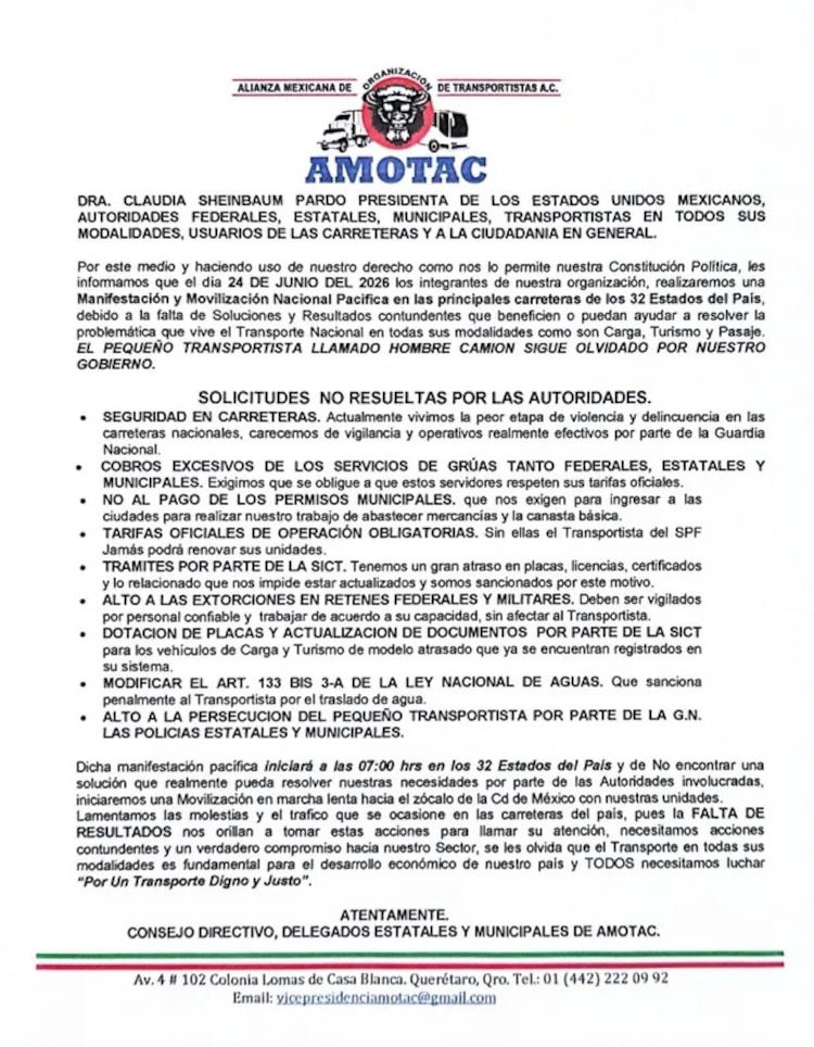 Transportistas anuncian bloqueos y marcha nacional el 24 de junio