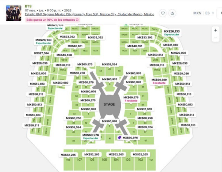 Reventa de boletos para el concierto de BTS en Viagogo
