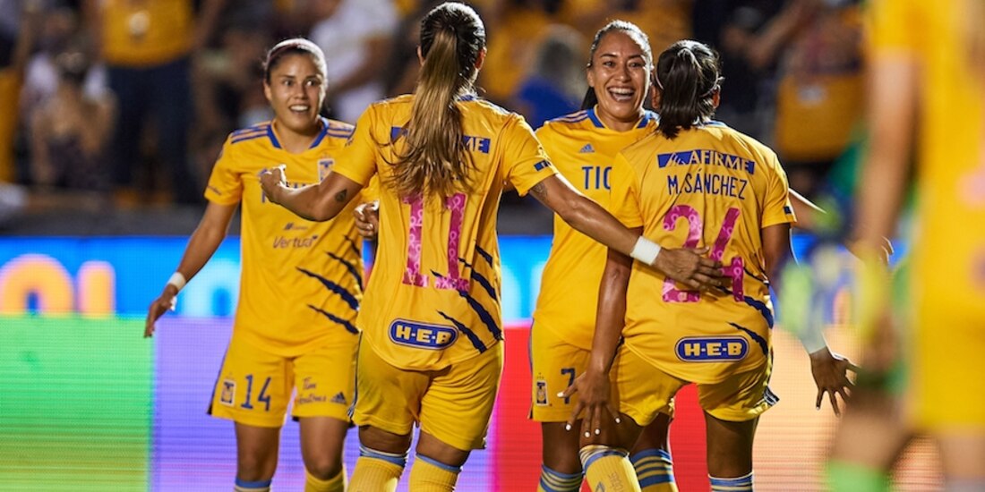 Futbolistas felinas celebran uno de sus goles en el campeonato.