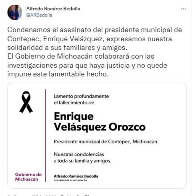 El mensaje en Twitter del gobernador, Alfredo Ramírez Bedolla, tras el asesinato del Enrique Velázquez
