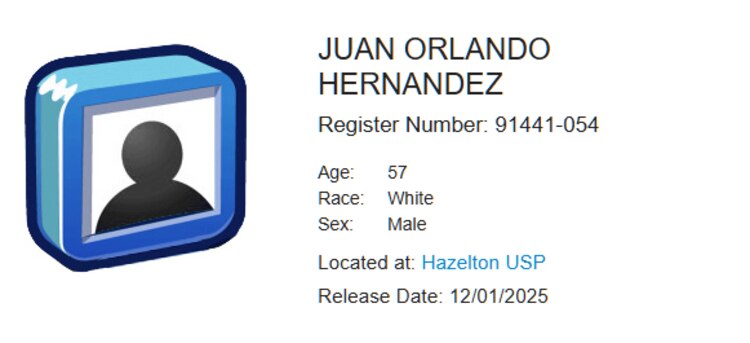 Ficha del preso número 91441-054 indica que el expresidente Juan Orlando Hernández fue liberado el 1 de diciembre de 2025.