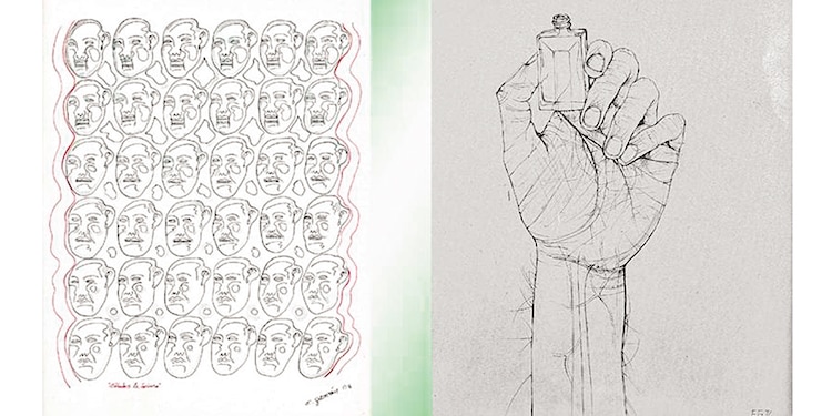 SONRISAS, uno de los dibujos que alude a un tzompantli y UNO de los 14 autorretratos del jaliscience que
se exponen.