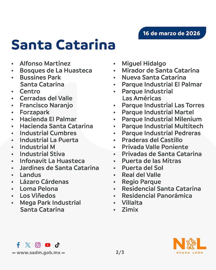 Colonias del municipio Santa Catarina afectados