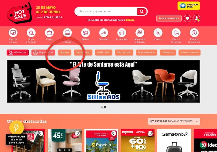 Si das clic al botón encerrado en el círculo, en el sitio web oficial del Hot Sale 2026, accederás a la cuponera del evento.