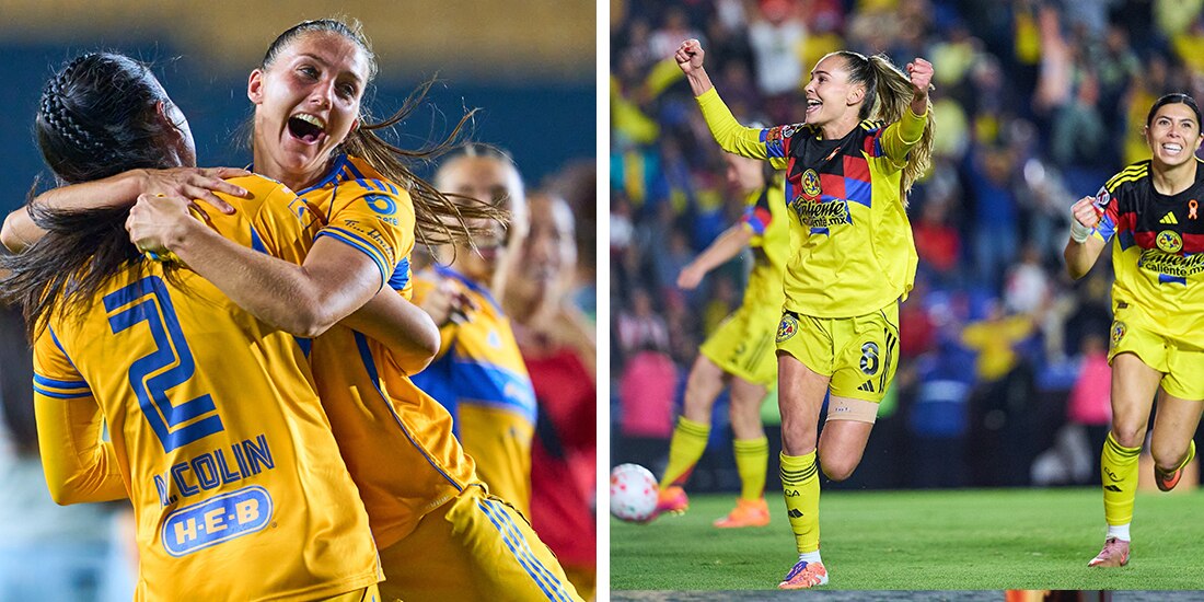 Natalia Colin y Eve Perisset celebran el triunfo de Tigres, ayer │ Irene Guerrero festeja su gol contra Chivas, anoche