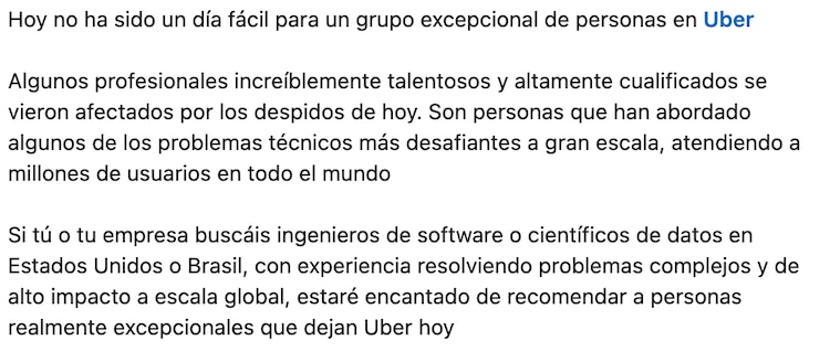 Publicación en LinkedIn sobre los despidos de Uber