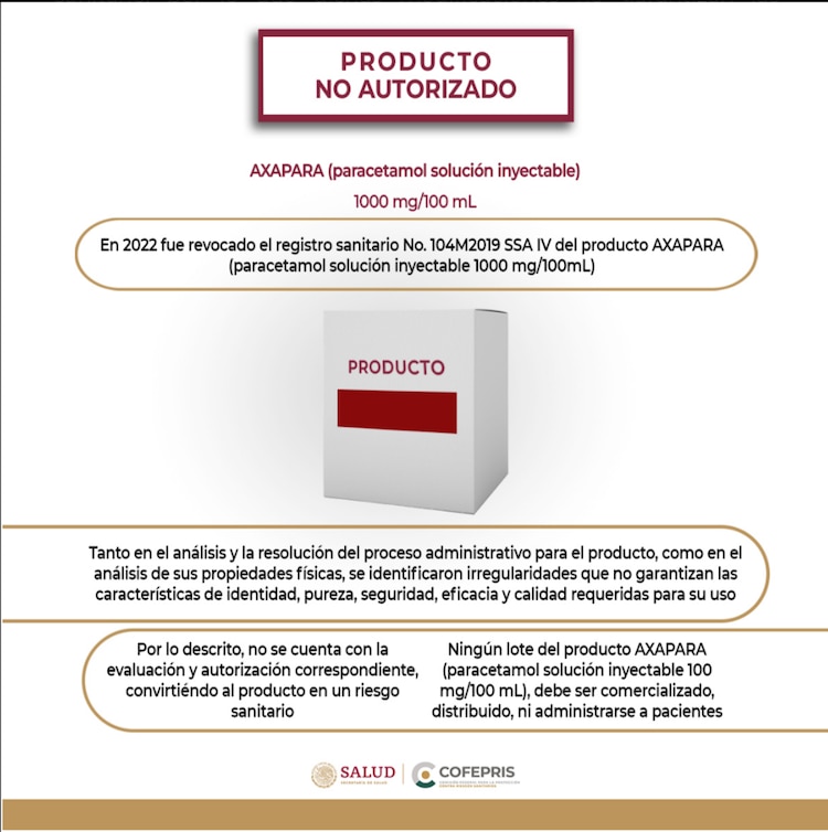 Lanza Cofepris alerta de Paracetamol solución inyectable (Axapara), dicen que no está autorizado