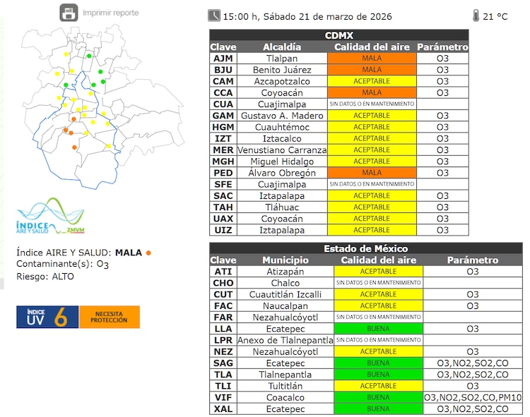 Estado de la calidad del aire a las 15:00 horas de este sábado.