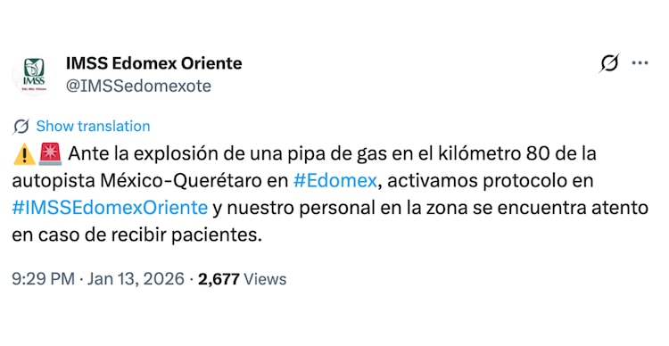 IMSS Edomex Oriente sobre la explosión de pipa de gas LP en la autopista México-Querétaro