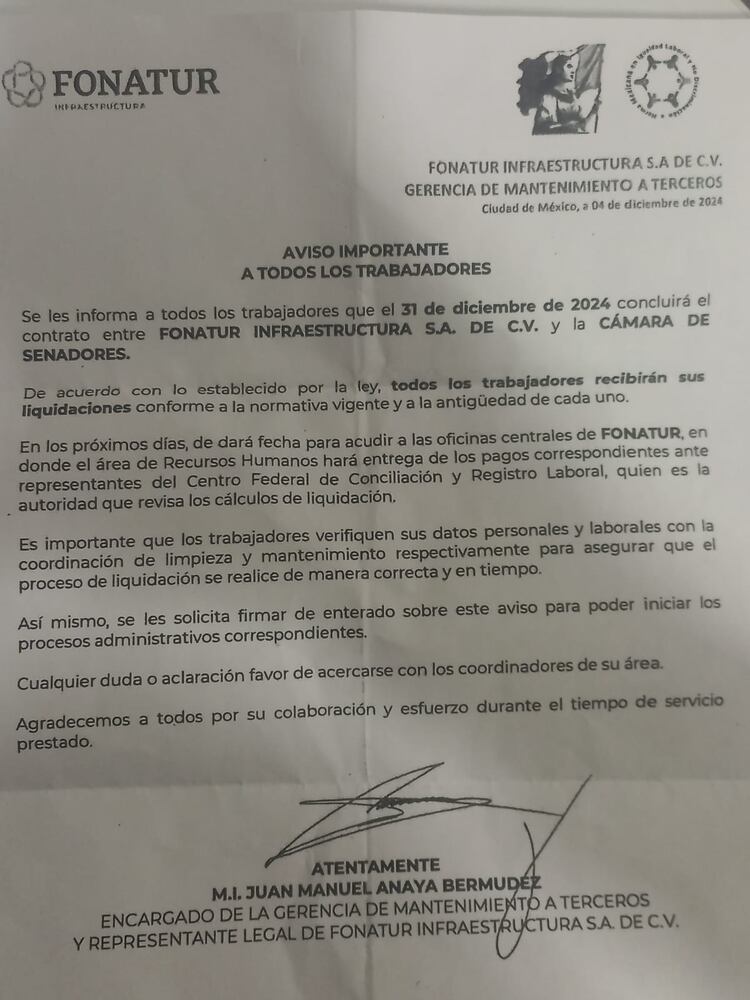 Esta es la circular de la empresa Fonatur a sus empleados.