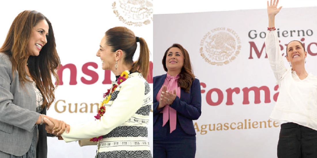 Libia Denisse García con la mandataria, ayer │ Tere Jiménez con la Presidenta, ayer.