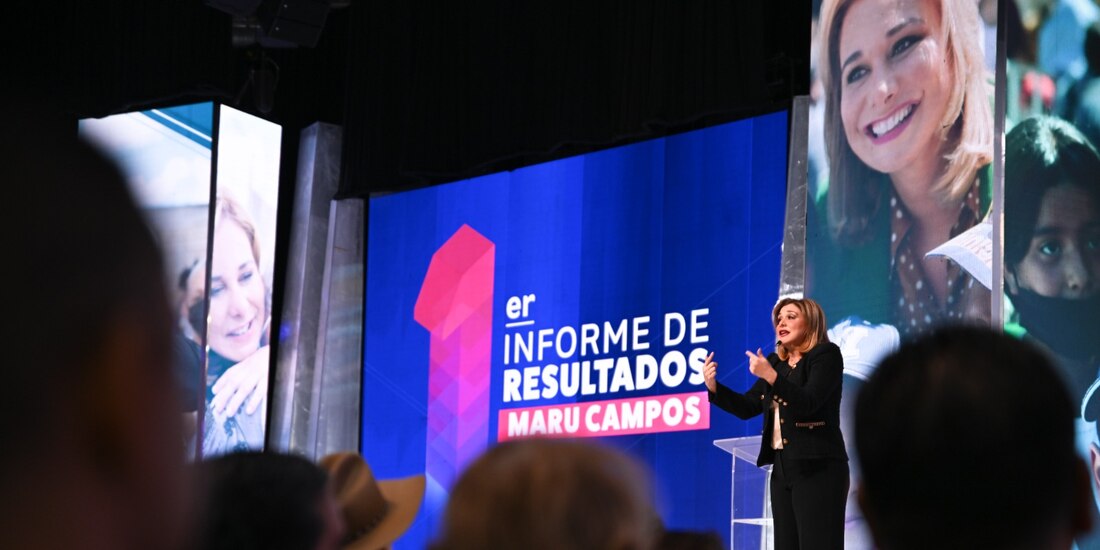 La gobernadora de Chihuahua, Maru Campos, durante la presentación de su Primer Informe de Resultados, este sábado.
