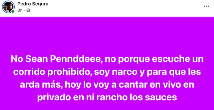 Publicación de Pedro Segura en redes sociales