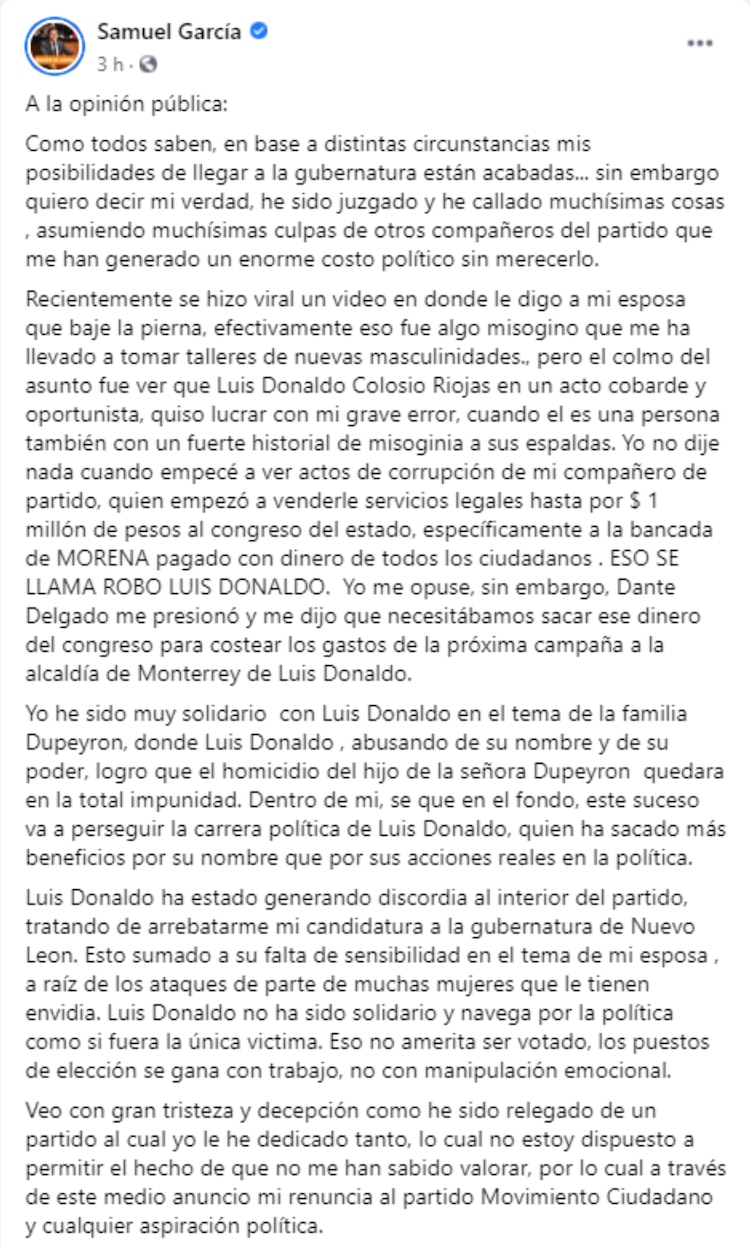 Mensaje publicado cerca de las 03:00 horas.