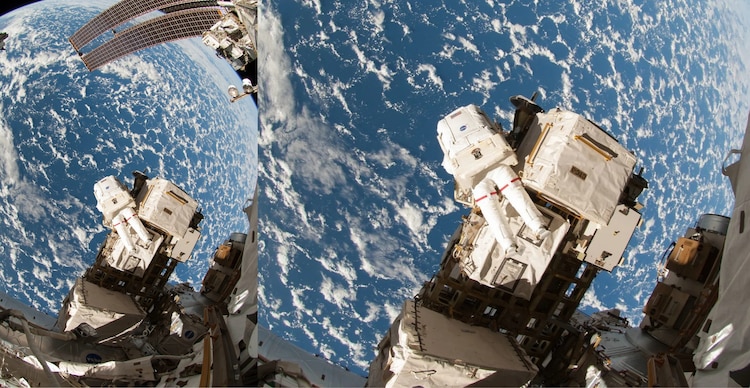 Se utilizó una lente ojo de pez para capturar esta imagen del astronauta de la NASA Reid Wiseman, ingeniero de vuelo de la Expedición 41, participando en una actividad extravehicular (EVA).