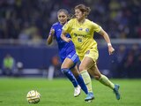 Jana Gutiérrez de Tigres y Nicolette Hernández de America durante la Gran Final de Ida del Torneo Apertura 2022 de la Liga MX Femenil.