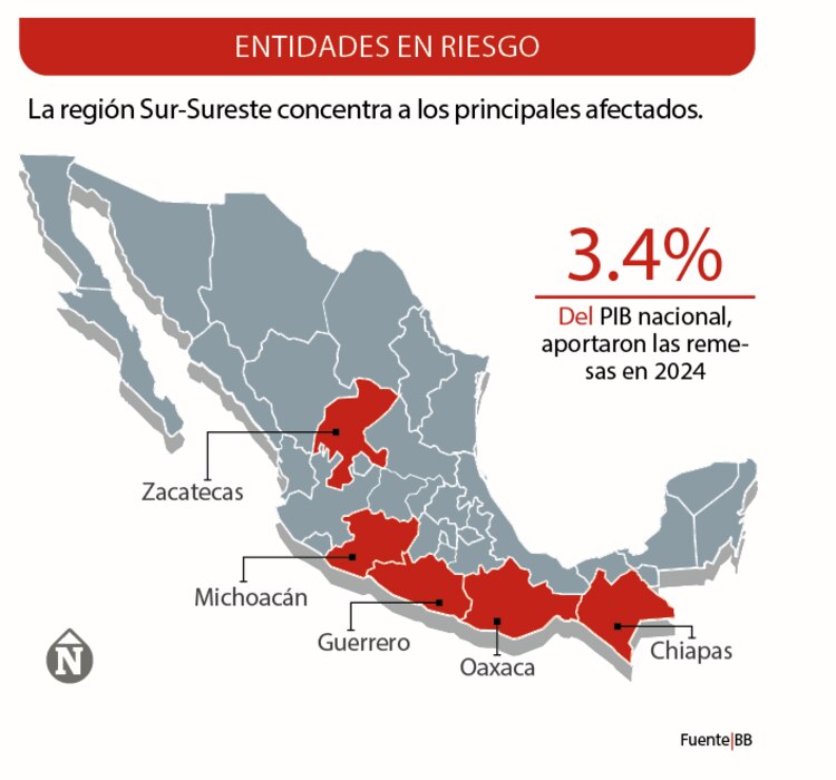 Entidades en riesgo │ La región Sur-Sureste concentra a los principales afectados.