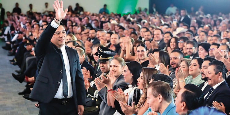 RICARDO GALLARDO, durante la ceremonia en la que presentó el Quinto Informe de Resultados de su gobierno en infraestructura vial, educación, movilidad, seguridad, transporte público y política social.