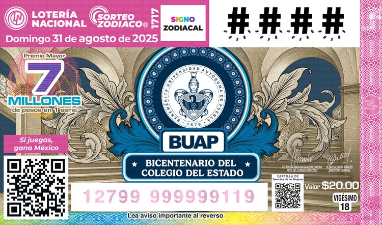 El Sorteo Zodiaco 1717 está dedicado al Bicentenario de la Benemérita Universidad Autónoma de Puebla.