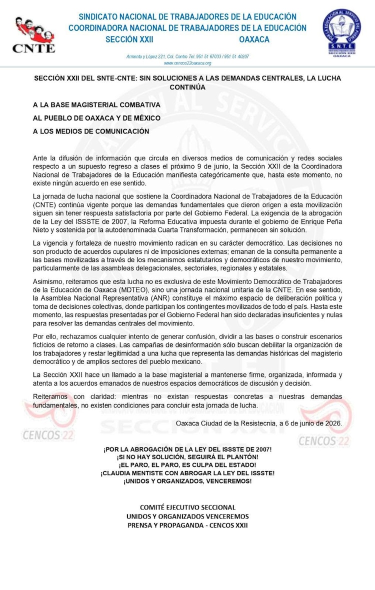Comunicado de la Sección XXII de la SNTE-CNTE
