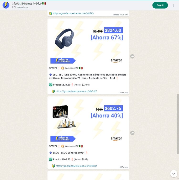 Así es el canal Ofertas Extremas en WhatsApp y Telegram.