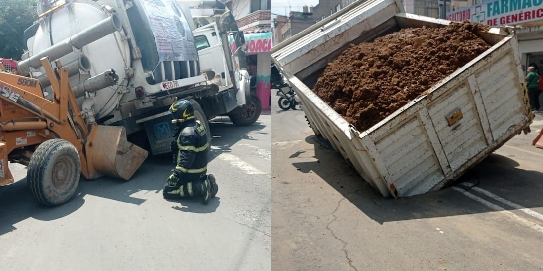 Socavones en Iztacalco provocan hundimiento de dos camiones